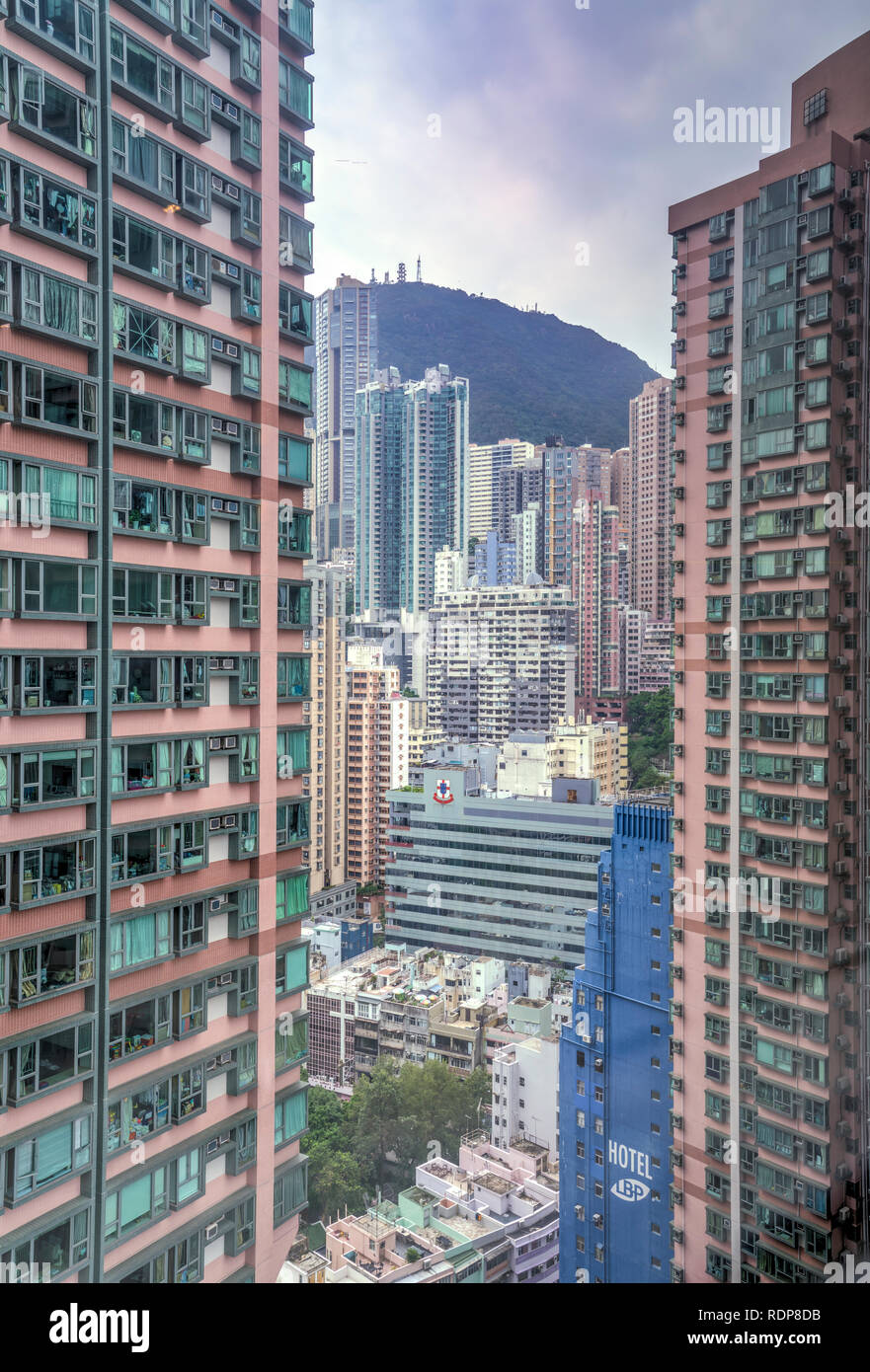 A concrete jungle of tall buildingsd on the island of Hong Kong, China