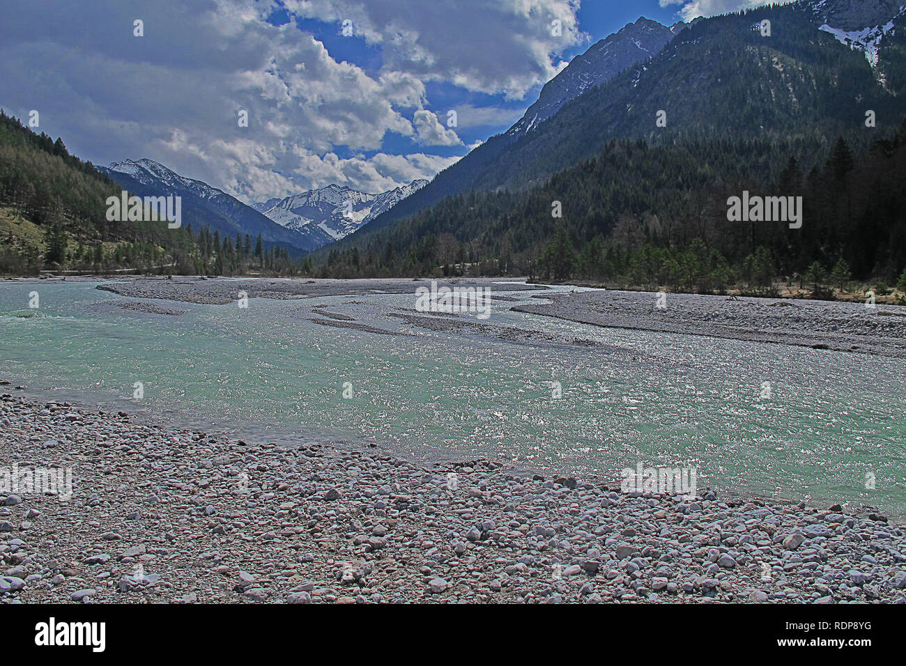 Isar origin in the Karwendel, stony river bed, cold turquoise green water, view of the mountains Stock Photo