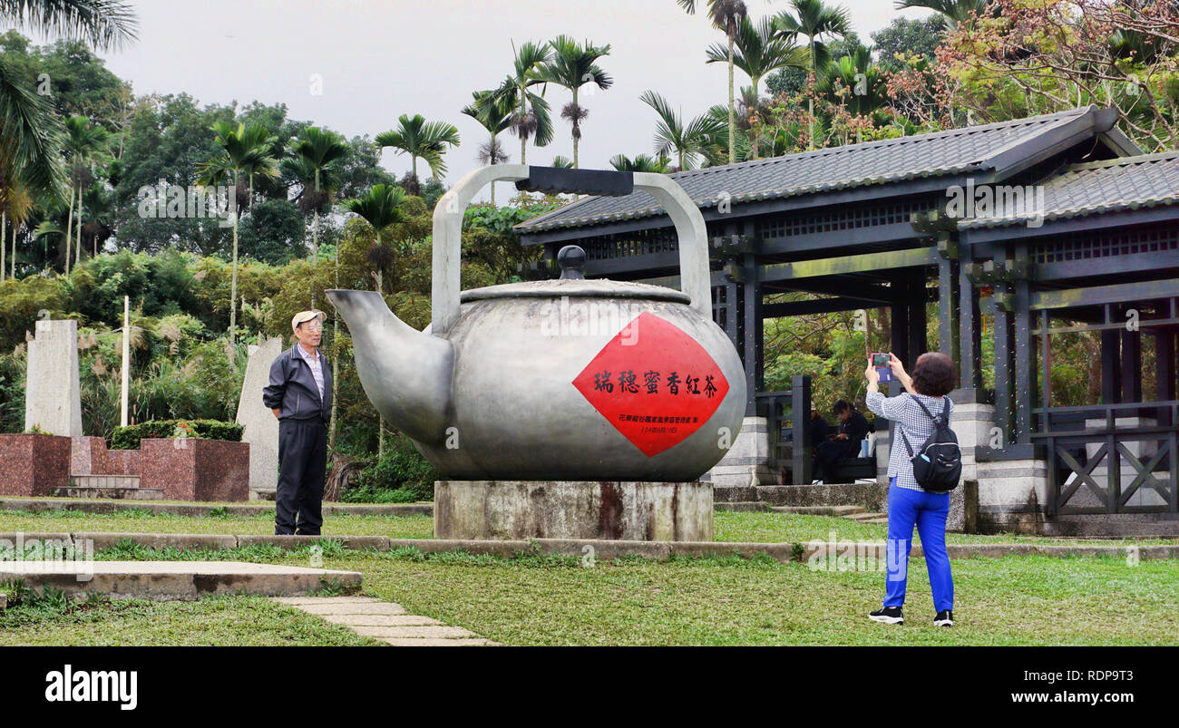 Ruisui Township,Taiwan - Dec.4, 2018 - Tropic of Cancer park where tourist take pictures next to giant tea kettle which was built in 1933. Stock Photo