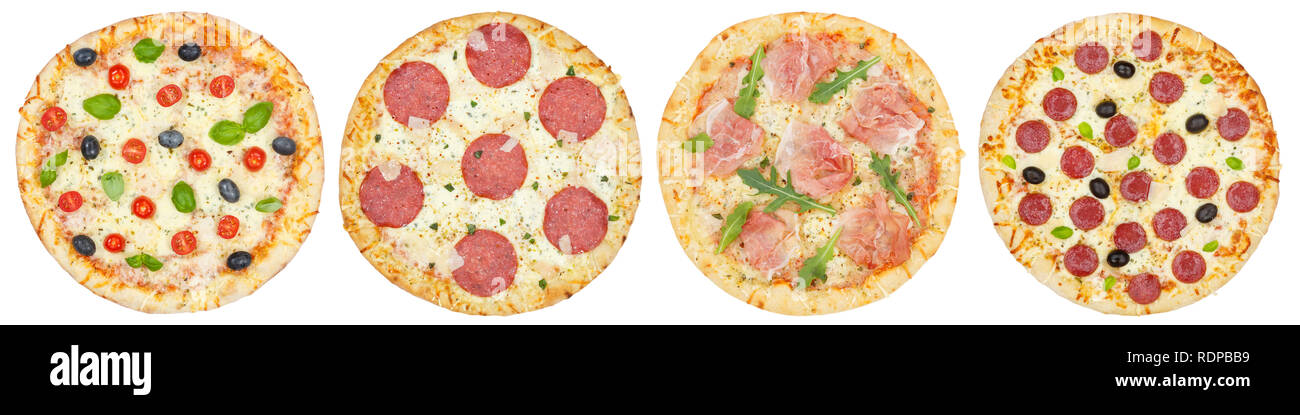 Pizza pizzas in a row collection collage from above isolated on a white ...