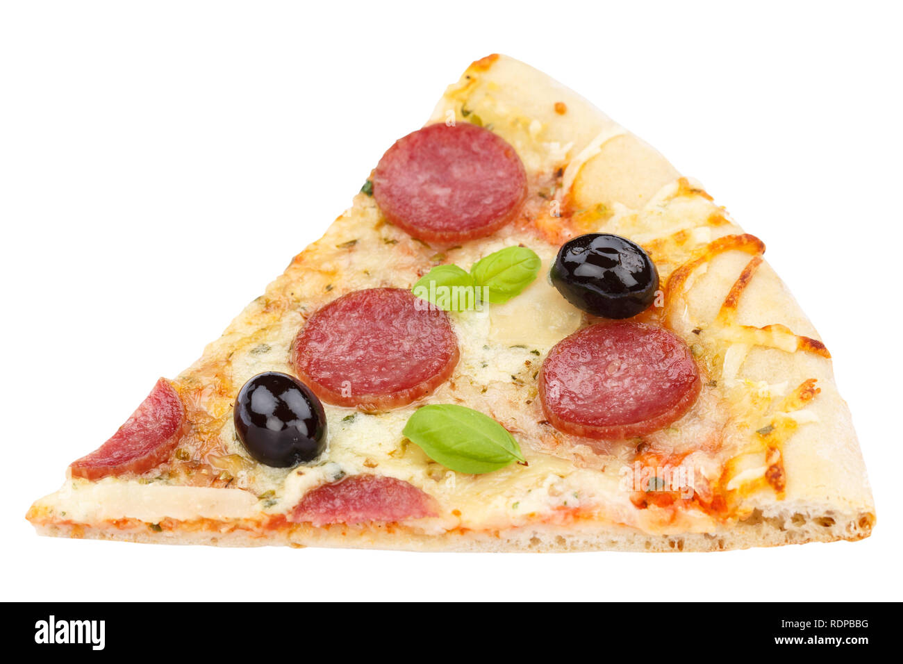 Pizza pepperoni salami slice isolated on a white background Stock Photo