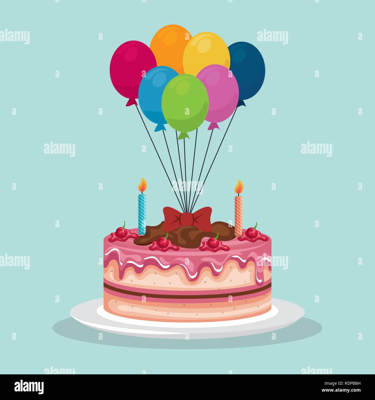 delicious sweet cake and balloons helium birthday vector illustration ...