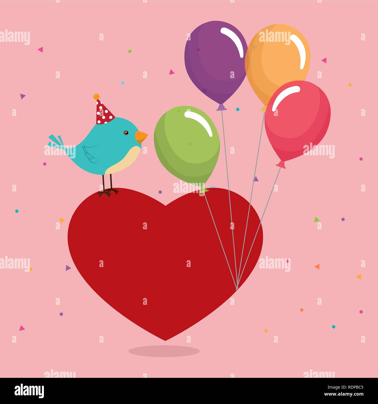 cute and little bird with heart and balloons helium vector illustration ...