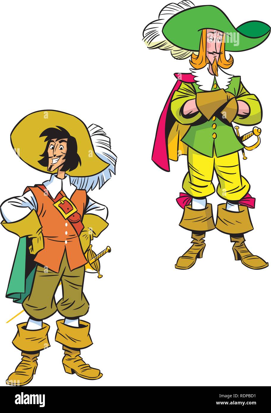In the illustration, two cartoon musketeers in various poses. Stock Vector
