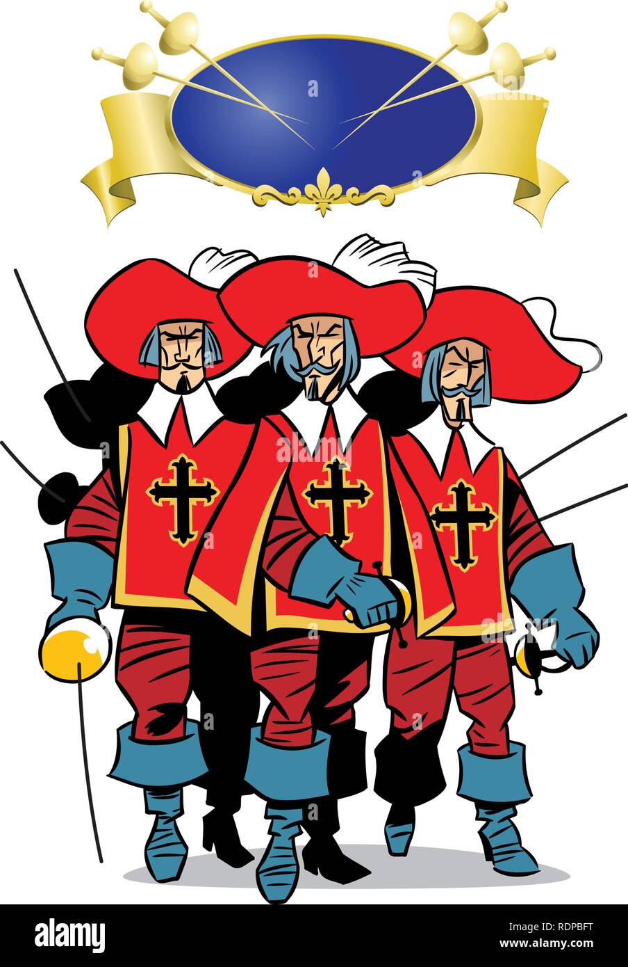The illustration shows three musketeers in comic style. Stock Vector