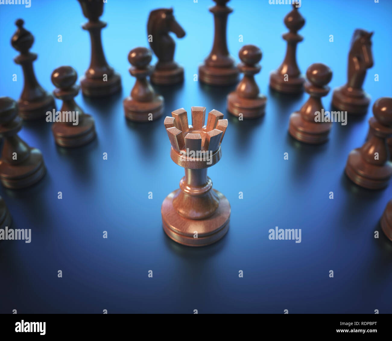 Chess rook surrounded by pieces, illustration. Stock Photo