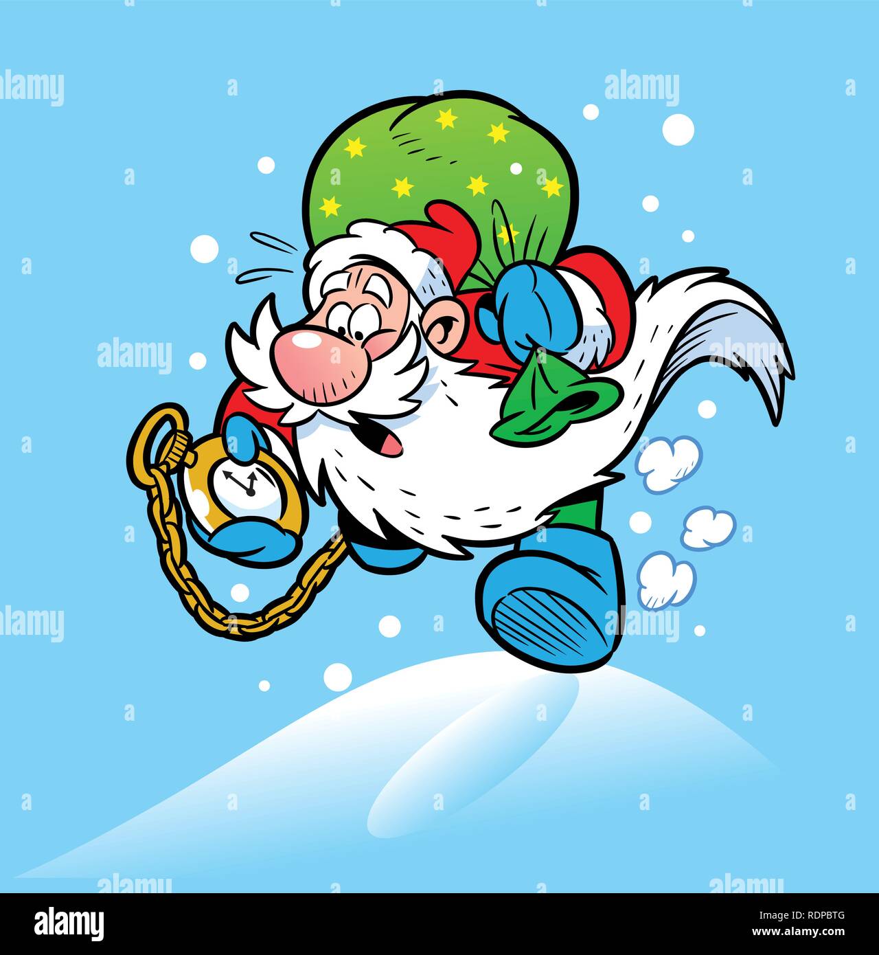 Santa Claus in a hurry for the holiday. Behind him a sack of presents, he looks at his watch Stock Vector