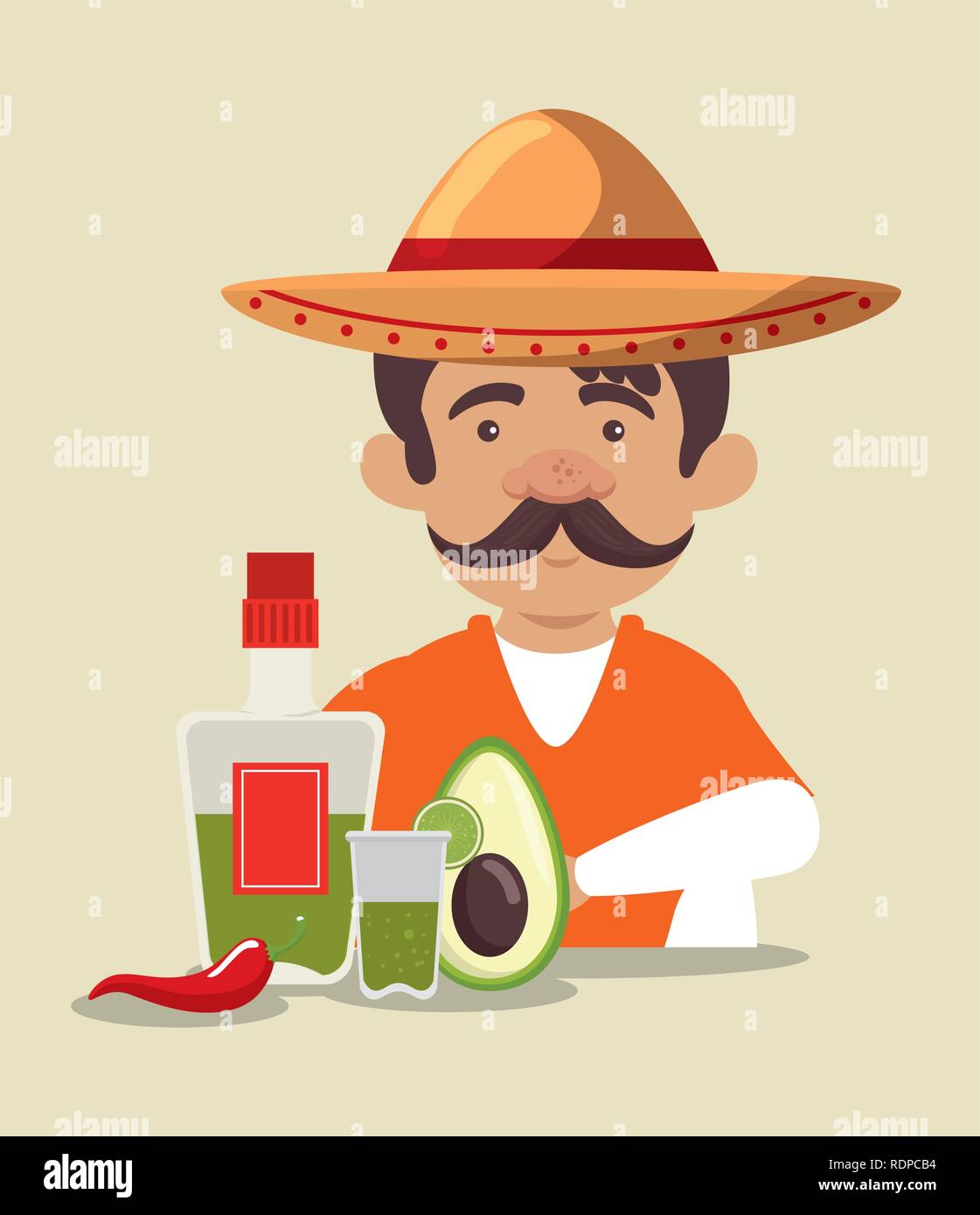 mariachi man wearing hat with tequila and avocado vector illustration