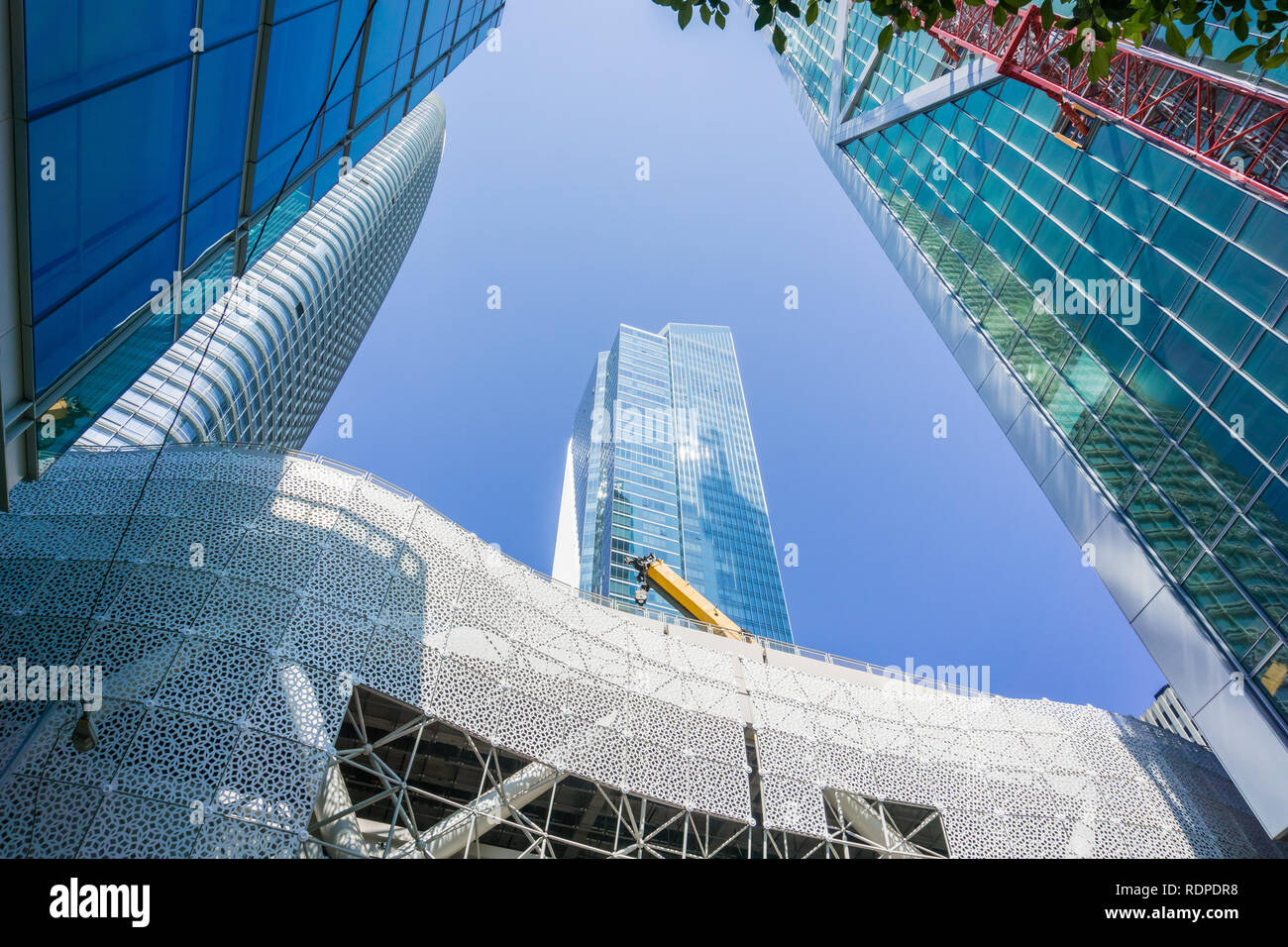 Ground level view of the tall skyscrapers rising up in San Francisco's financial district, California Stock Photo
