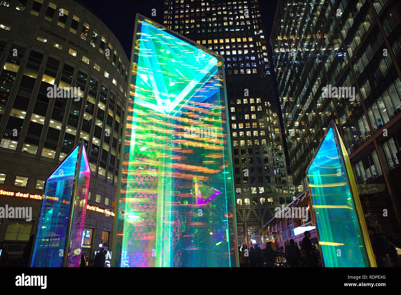 colourful columns of colour at the Winter Lights exhibition in Canary Wharf 2019 (Prismatica) Stock Photo