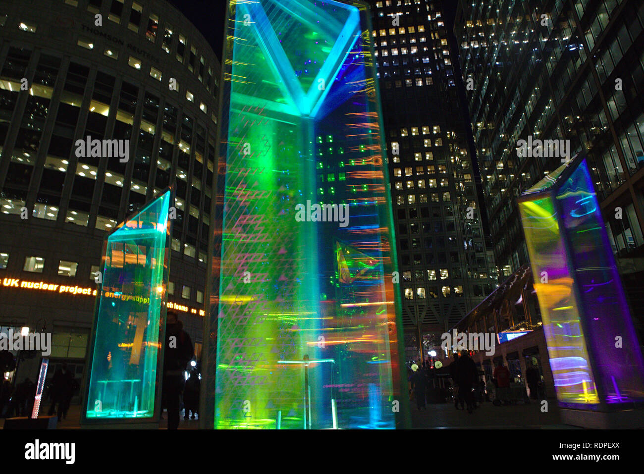 colourful columns of colour at the Winter Lights exhibition in Canary Wharf 2019 (Prismatica) Stock Photo