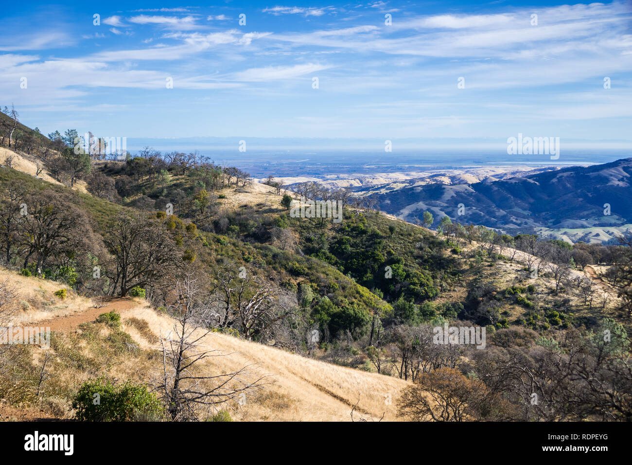 Hiking view of the hills and valleys in Mt Diablo State Park on a sunny morning, Contra Costa county, San Francisco bay area, California Stock Photo