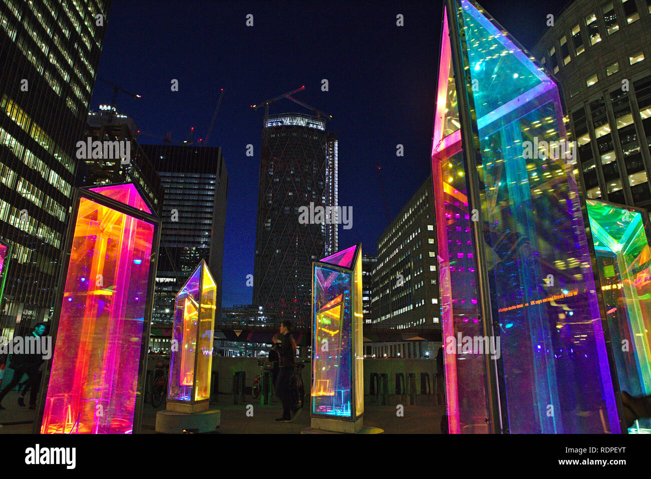 colourful columns of colour at the Winter Lights exhibition in Canary Wharf 2019 (Prismatica) Stock Photo