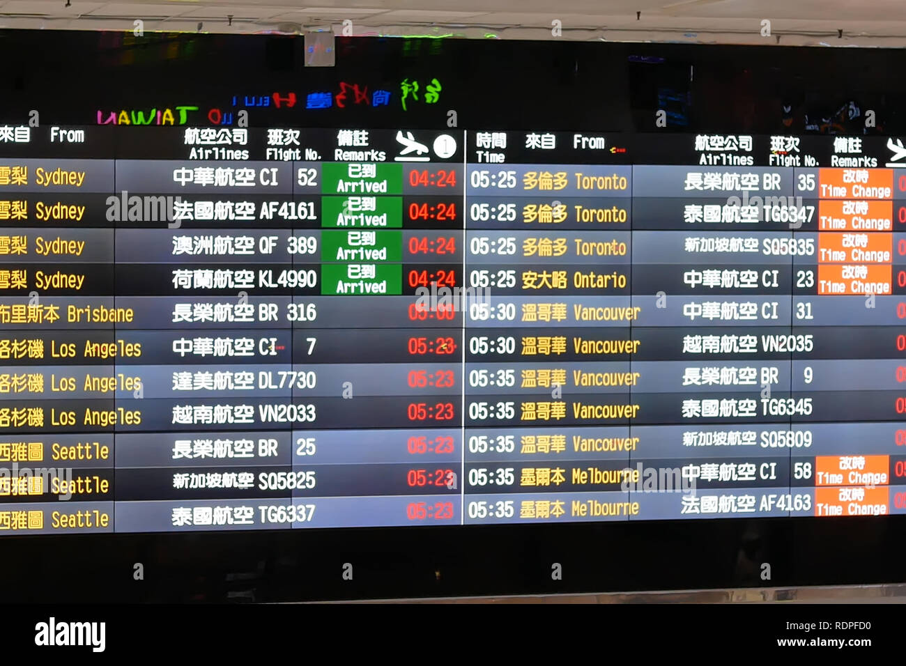 Taoyuan, Taiwan - November 07, 2018 : Close up of arrive and departure timeline schedule inside Taoyuan international airport in Taoyuan Taiwan Stock Photo