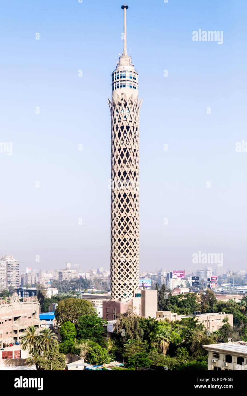 Daylight shot for Cairo Tower in Egypt. The Cairo Tower  is a free-standing concrete tower in Cairo, Egypt. At 187 m (614 ft), it has been the tallest Stock Photo