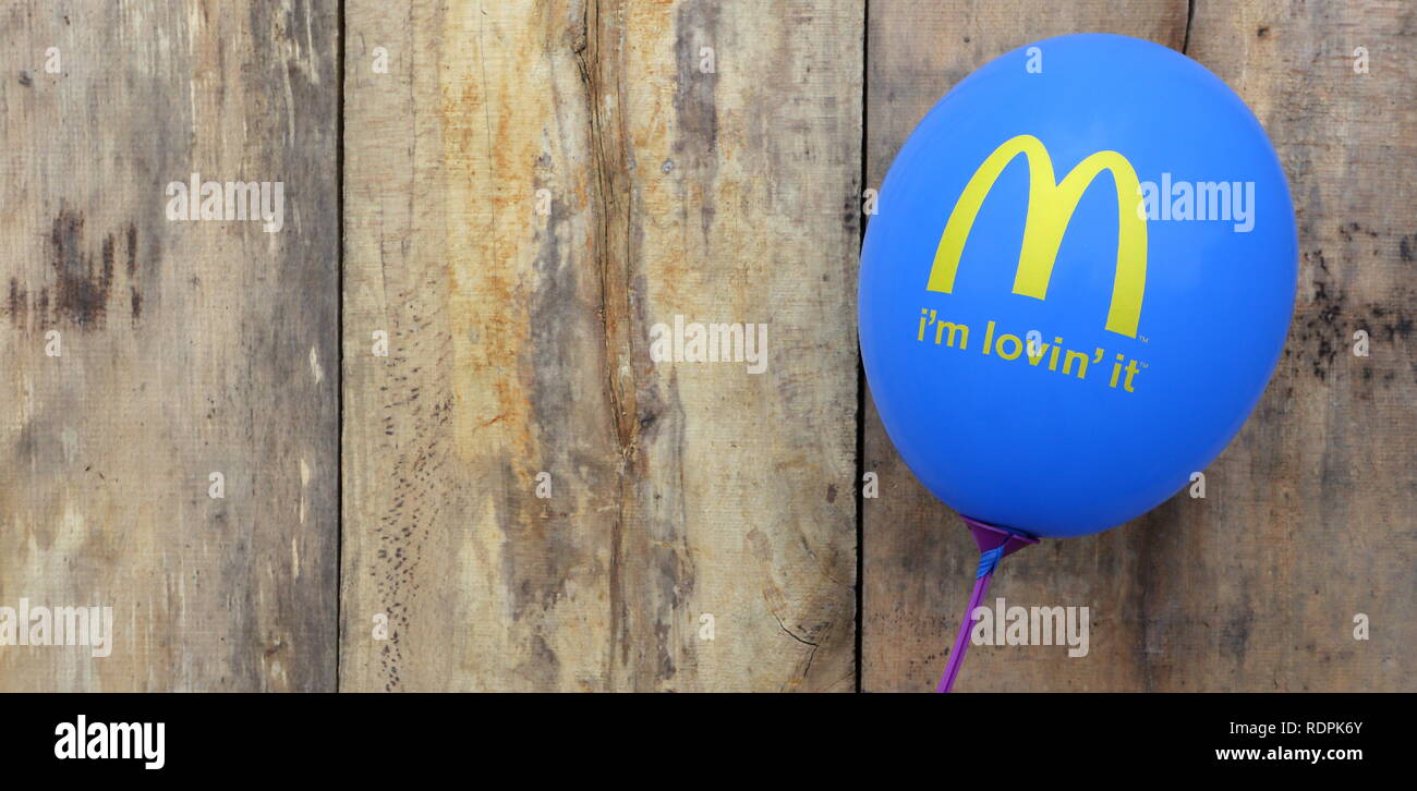 Groningen, Dutch - 14 November, 2018: McDonald's logo on inflatable ball. McDonald's is the world's largest chain of hamburger fast food restaurants Stock Photo