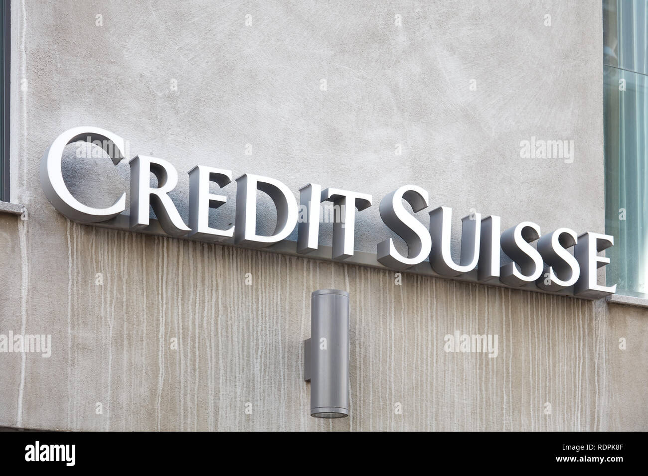 SANKT MORITZ, SWITZERLAND - AUGUST 16, 2018: Credit Suisse, swiss bank sign in Sankt Moritz, Switzerland Stock Photo