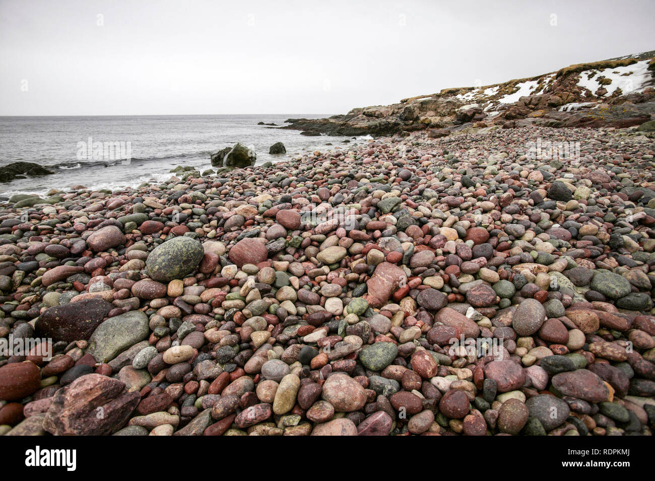 Rocky beach on the backside of Saint Pierre Island, France Stock Photo