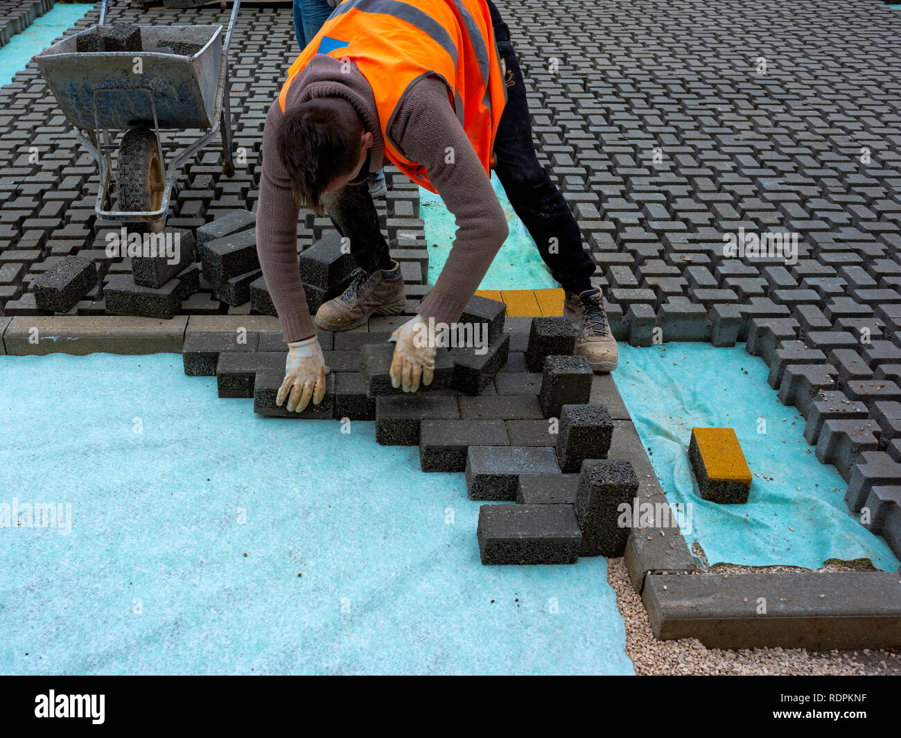 Construction worker laying interlocking paving concrete onto sheet nonwoven bedding sand and