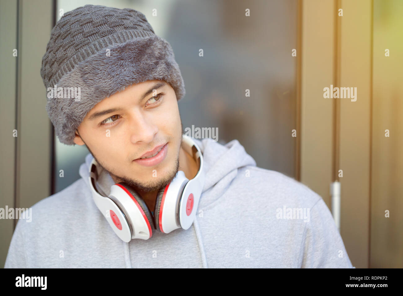 Sports training young latin man winter cold runner copyspace copy space outdoor Stock Photo