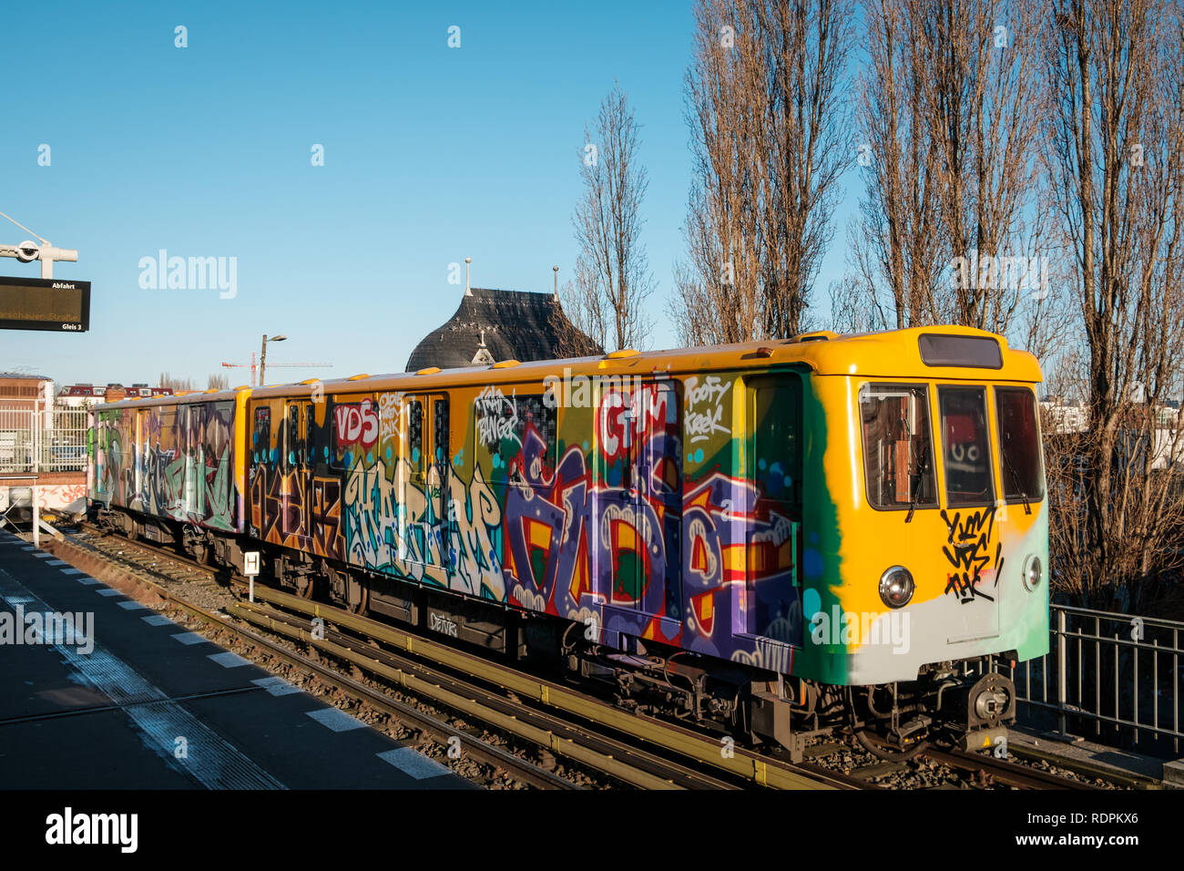 Berlin, Germany - january 2019:   Graffiti U-Bahn / subway train at Warschauer Strasse Station  in Berlin, Germany, Stock Photo