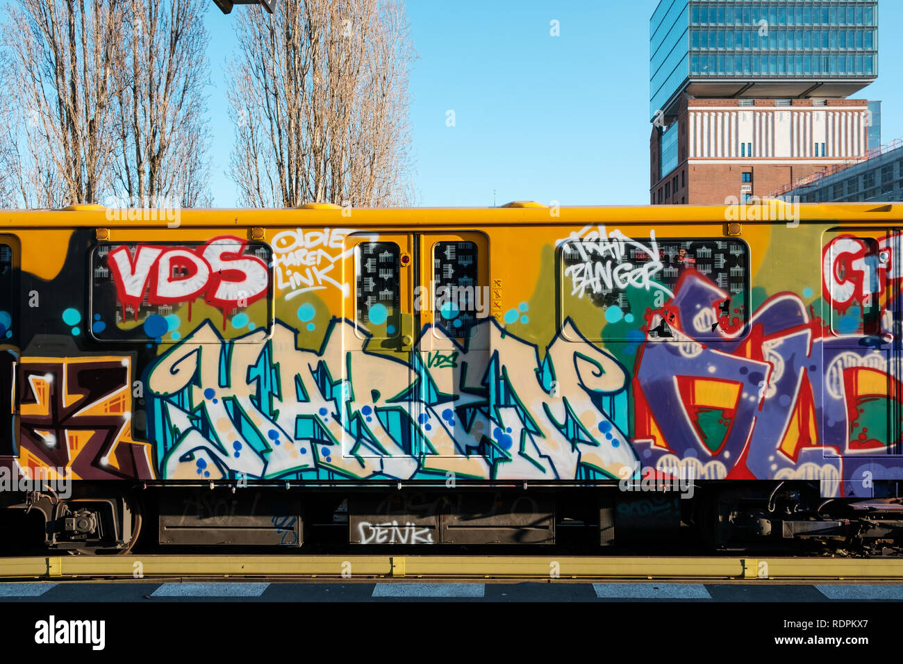 Berlin, Germany - january 2019:   Graffiti U-Bahn / subway train at Warschauer Strasse Station  in Berlin, Germany, Stock Photo