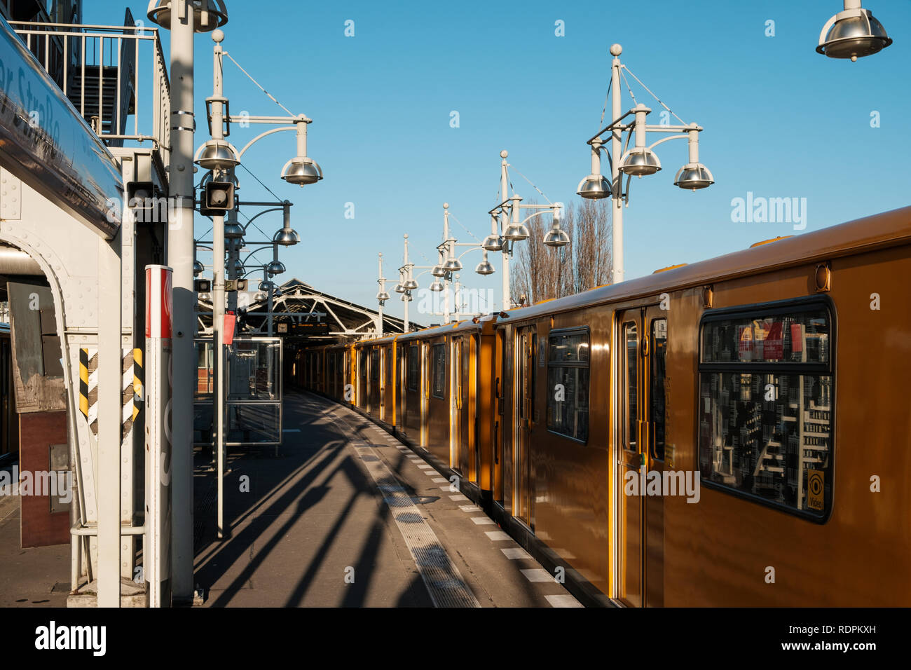 Berlin, Germany - january 2019: Subway train (U-Bahn) at train station (Warschauer strasse ) in Berlin Stock Photo