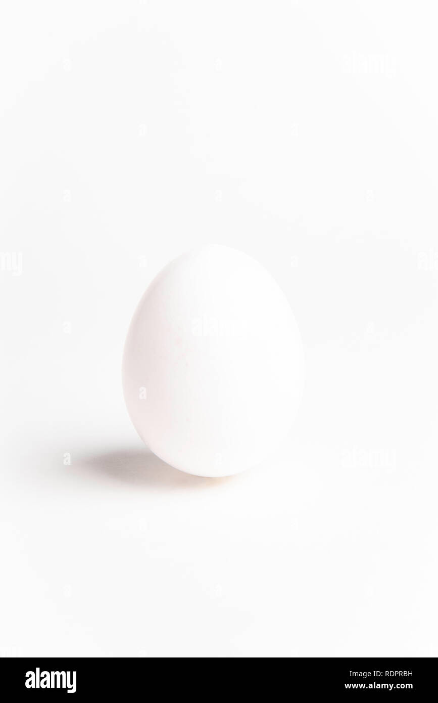 A single standing raw white egg on a plain white background with slight