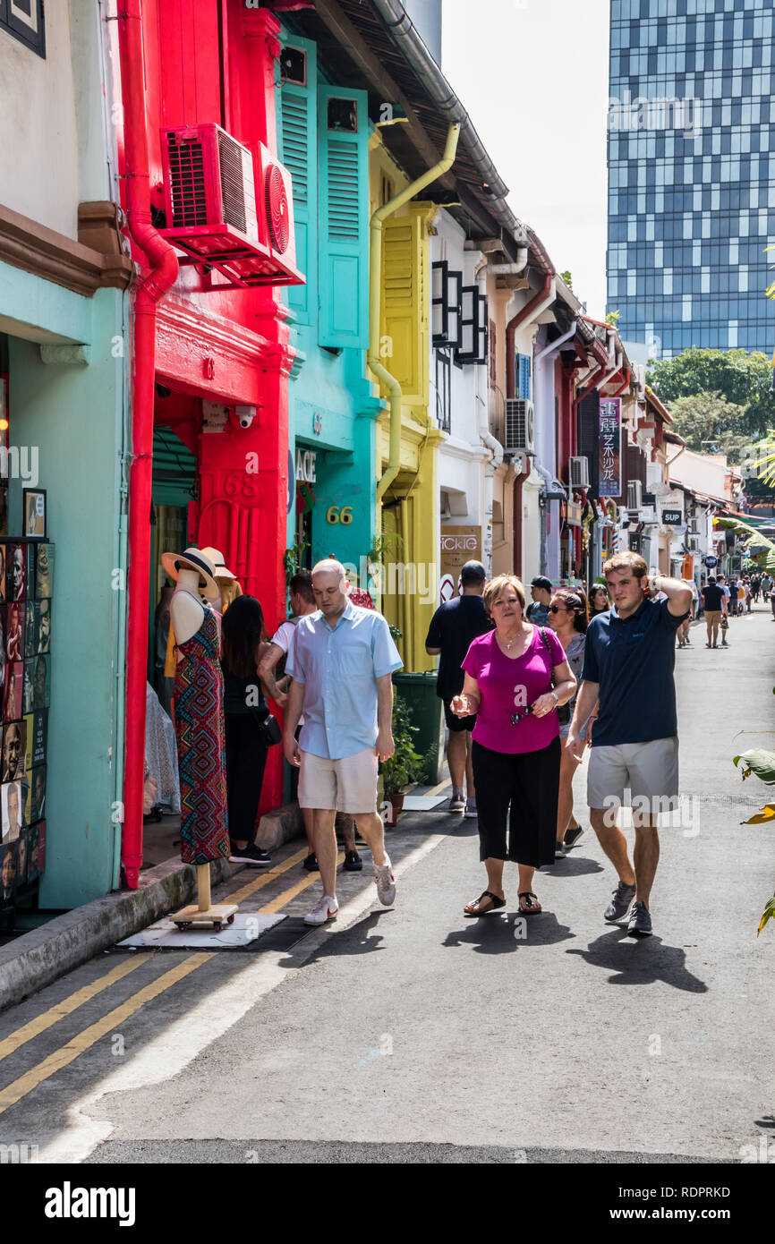 Singapore - 26th December 2018: People walking in Haji Lane. The lane is full of boutique shops and restaurants. Stock Photo