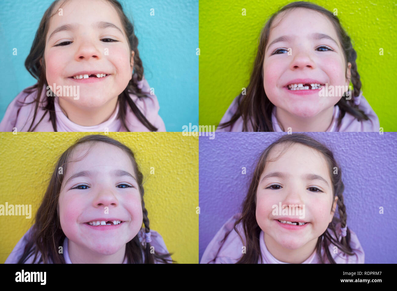 6 years old girl showing her first baby incisor fallen out. Four shots with different backgrounds Stock Photo