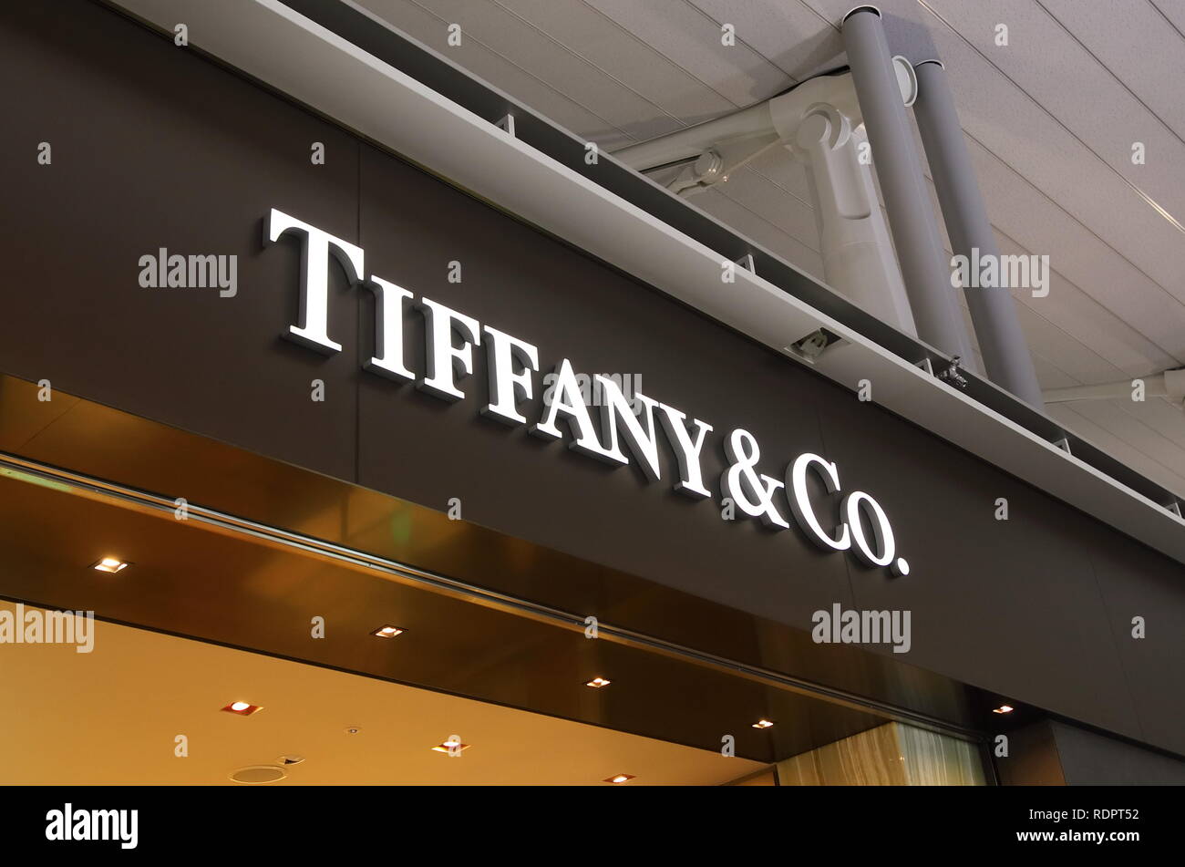 Tiffany and Co company logo. Tiffany and Co is an American worldwide luxury jewellery and speciality retailer headquartered in New York. Stock Photo