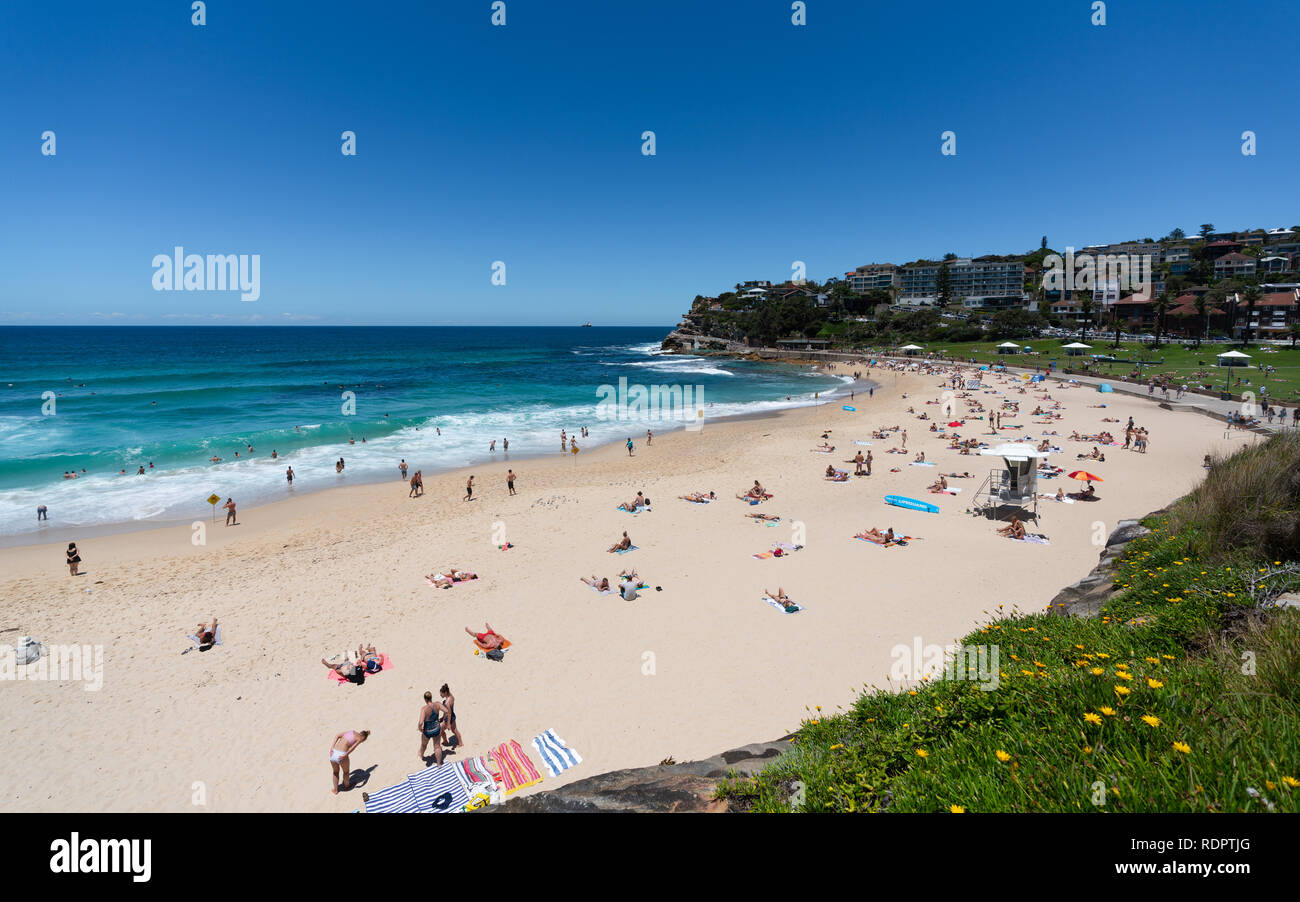 24th December 2018, Bronte Sydney Australia: people enjoying hot sunny summer day on Bronte beach and swimming in the sea in Sydney NSW Australia Stock Photo