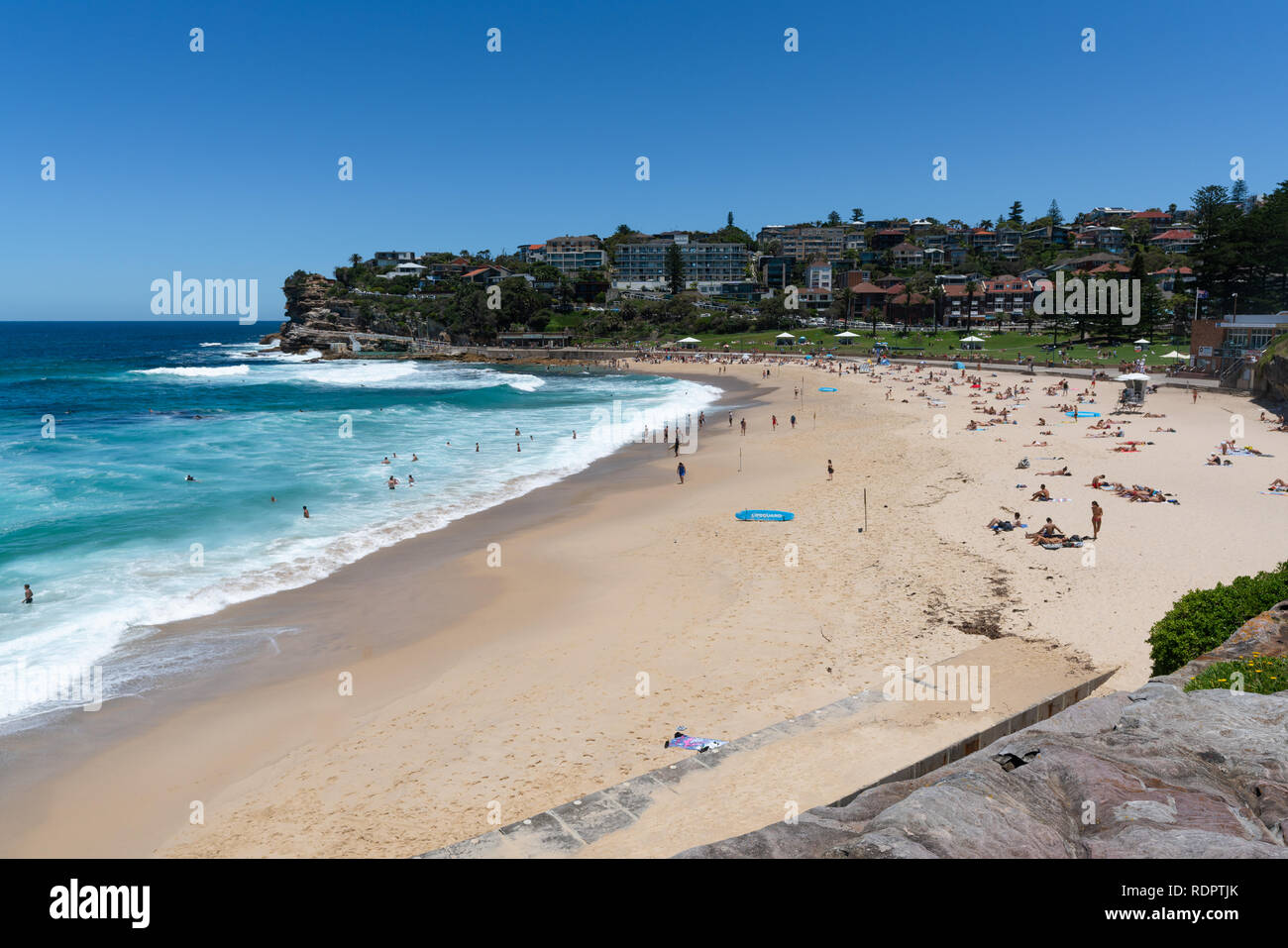 Full of people Bronte beach view on hot sunny summer day in Sydney NSW Australia Stock Photo