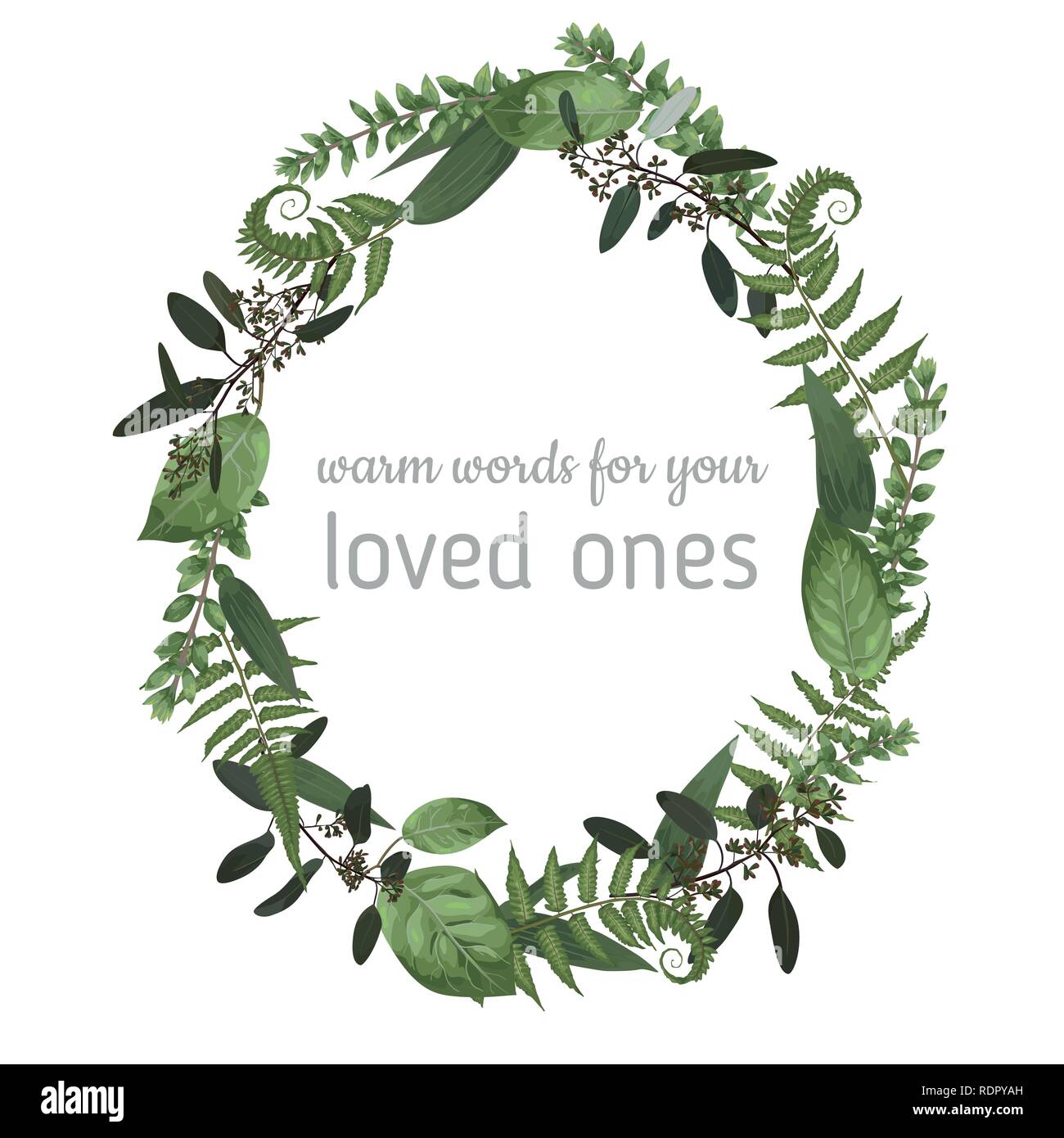 Beautiful leafy frame wreath of eucalyptus, fern and boxwood branches isolated on white. For wedding invitations, vignettes, postcards, posters, label Stock Vector