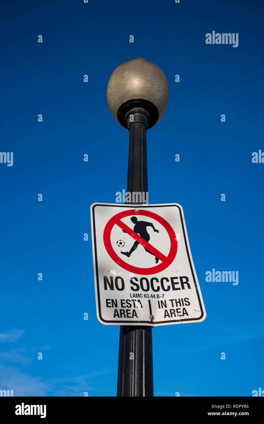 No Soccer sign outside the Banc of California Stadium at Exposition Park, Los Angeles, California. Stock Photo