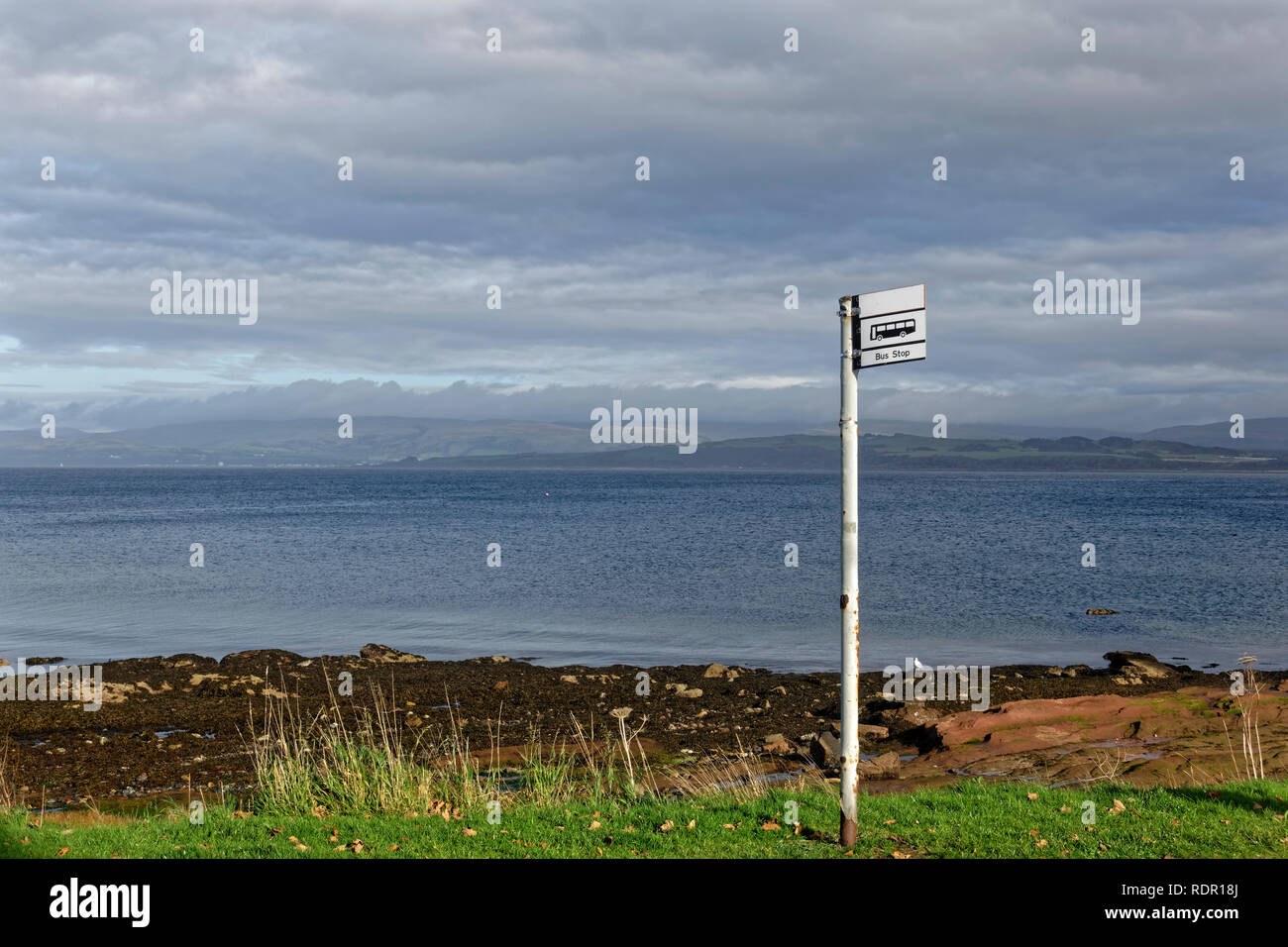 Bus stop next to seaside at Kilchattan Bay, Isle of Bute, Argyll