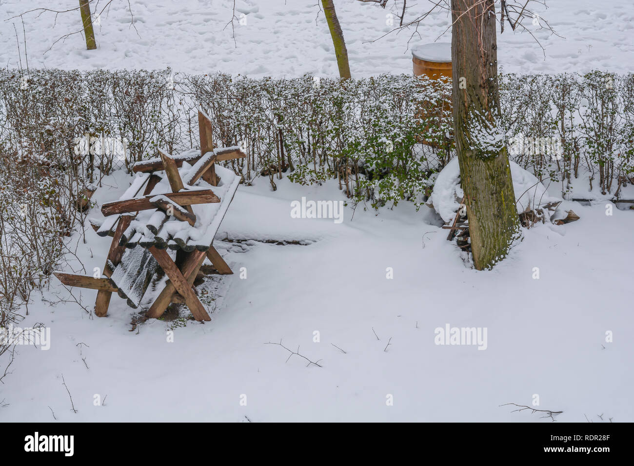 Old wooden winter bench covered with snow on cold day season climate ...