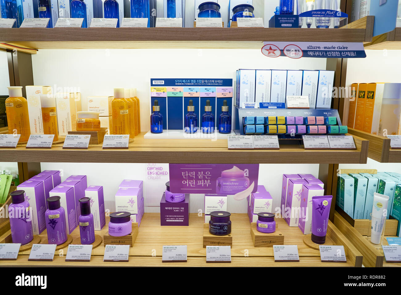 SEOUL, SOUTH KOREA CIRCA MAY, 2017 goods on display at Innisfree