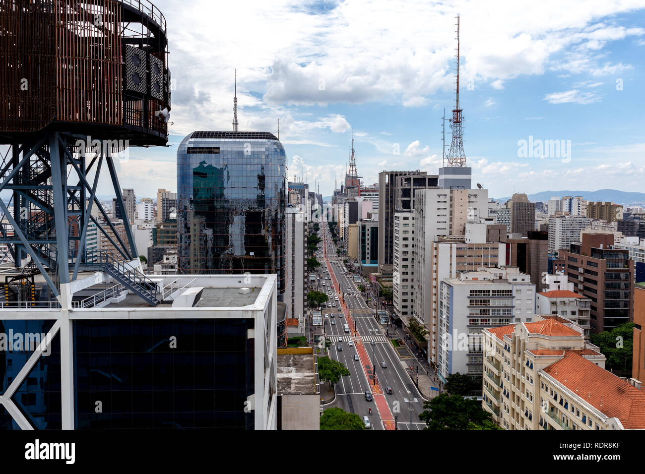 Sao Paulo, Brazil - January 16 2019: View of Sao Paulo's Avenida Paulista from the top of Sesc Paulista, cloud sky day Stock Photo