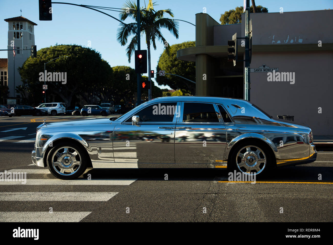 Silver Rolls Royce, Beverly Hills, Los Angeles, California, USA Stock