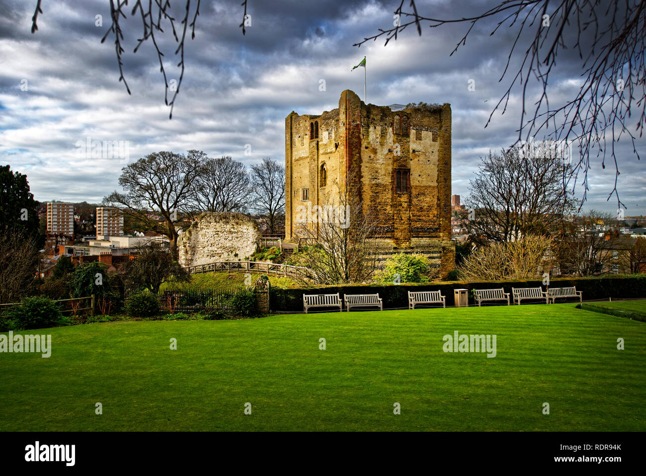 Guildford Castle is in Guildford, Surrey, England. It is thought to have been built shortly after the 1066 invasion of England by William the Conquero Stock Photo
