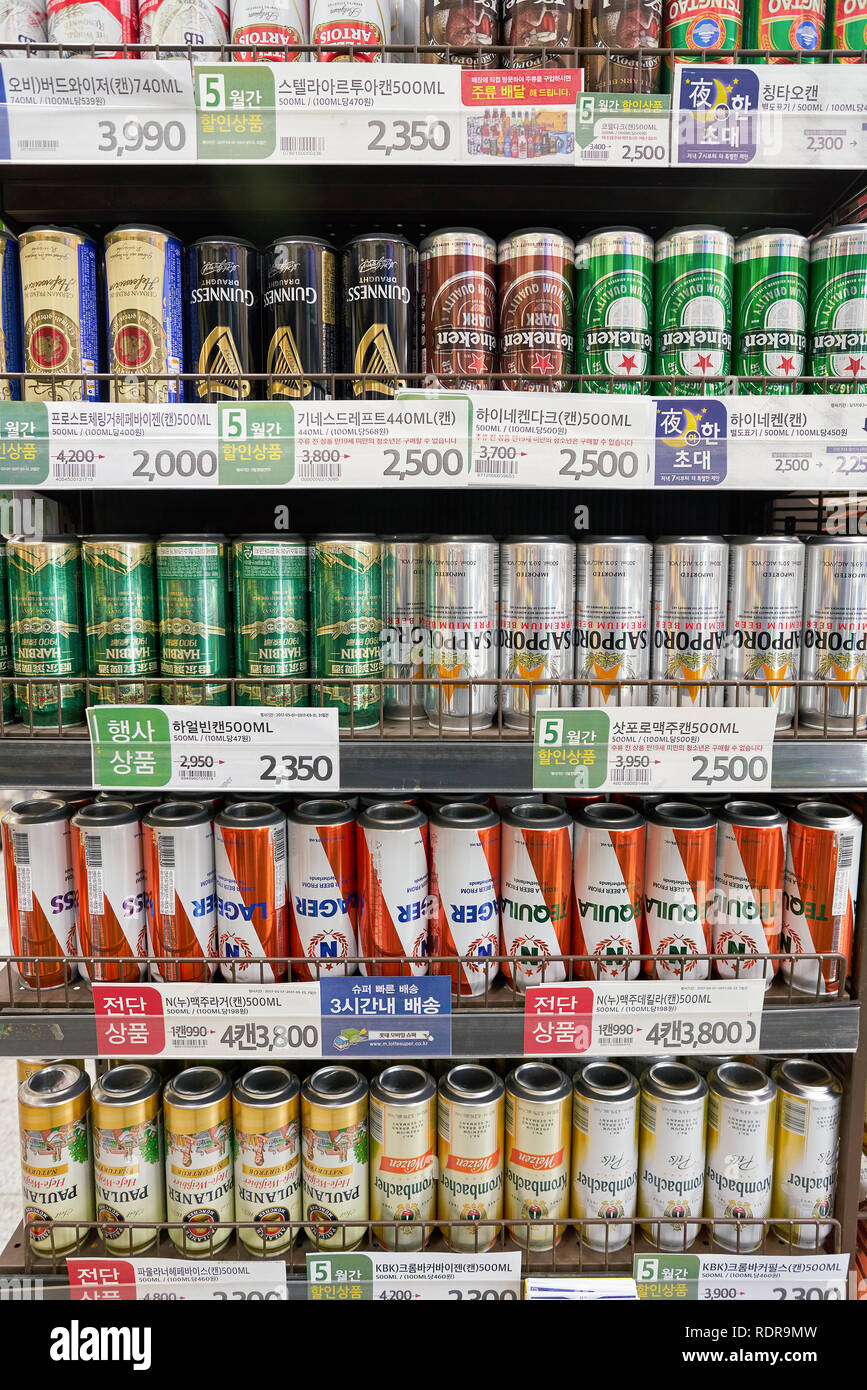 SEOUL, SOUTH KOREA CIRCA MAY, 2017 beer on display at a supermarket