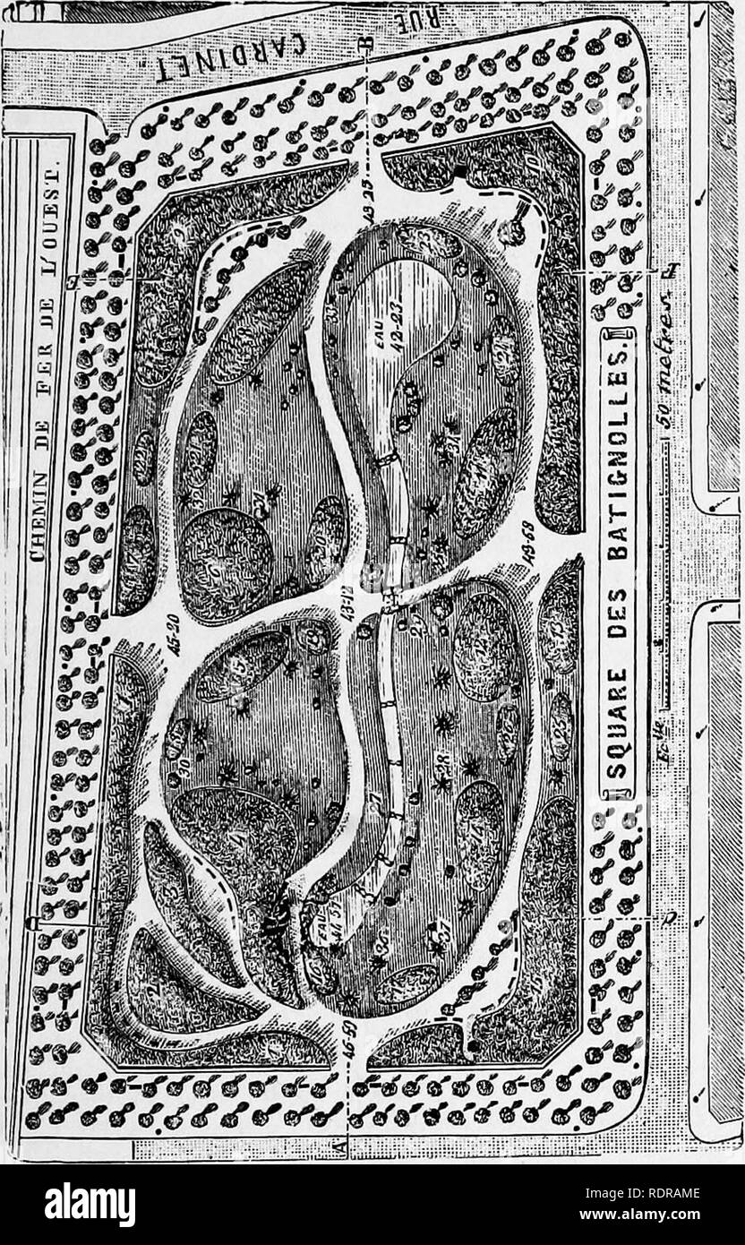 . The parks, promenades, &amp; gardens of Paris, described and considered in relation to the wants of our own cities, and the public and private gardens. Gardens; Parks. THE SQUARES, PLACES, CHURCH GARDENS, ETC. 93 praiseworthy feature is added. At some distance from the margin—from four to ten feet—are planted here and there single specimens of plants which, while not of the water or the marsh, assimilate more or less in character with the plants of those places—hardy Bamboos, Yuccas,. Erianthus, and other large grasses, some truly fine Acanthus latifolius, the Pampas Grass, Tamarix, Funkia g Stock Photo