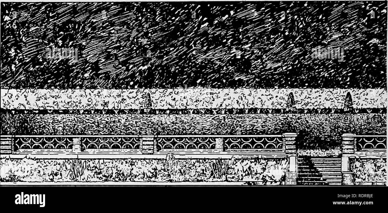 . Gardens in the making. Gardens; Landscape architecture; Landscape gardening. I20 GARDENS IN THE MAKING. Fig. 31.—Terrace Balustrading On a sloping site it is important that the ground immediately adjacent to the house should be levelled to a sufficient distance from the building to give it stability and restfulness. The whole of this depth need not necessarily be given up to the paved terrace, but part can be occupied by lawn as at Dalingridge (fig. 10). An overdose of paving or gravel on the garden side is rather apt to remind us of the entrance courtyard, without its dignity. In point of f Stock Photo