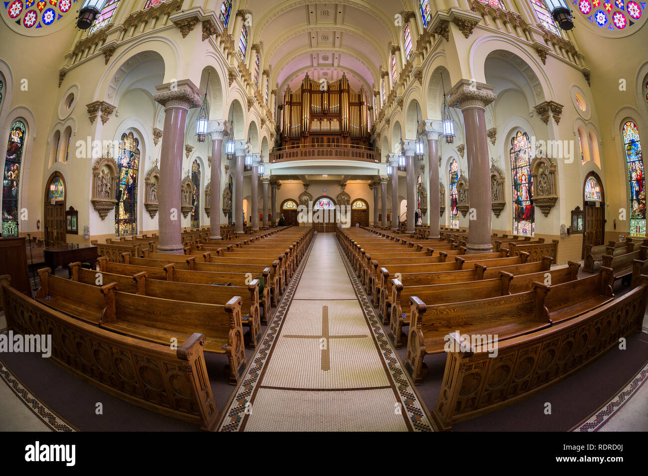 Pipe organ and nave inside the Sacred Heart Catholic Church in downtown