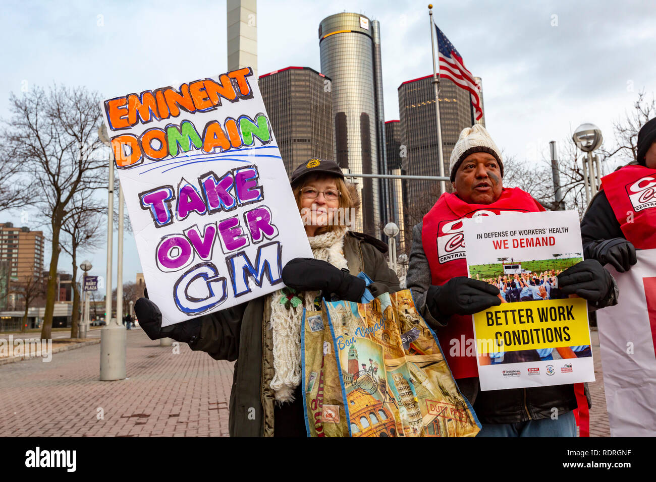 Detroit, Michigan USA - 18 January 2019 - General Motors workers and supporters rallied outside GM headquarters to protest General Motors' plan to close five auto plants in the United States and Canada. Credit: Jim West/Alamy Live News Stock Photo
