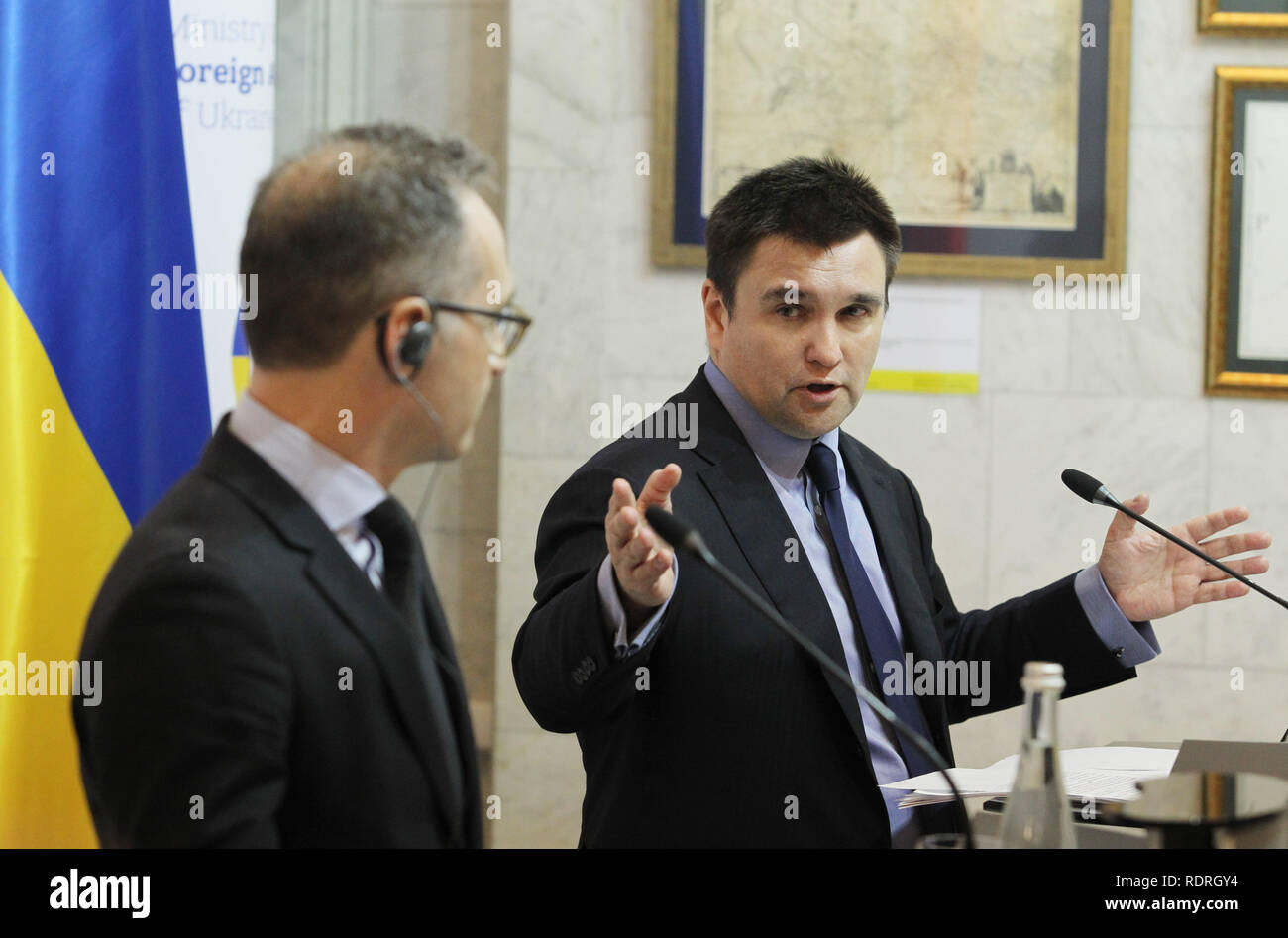 German Foreign Minister Heiko Maas (L) and Ukrainian Foreign Minister Pavlo Klimkin (R) seen speaking during a press conference in Kiev. Heiko Maas arrived in Kiev on January 18 for his a working visit to meet with top Ukrainian officials, and to discuss the conflict in the eastern Ukraine, captured Ukrainian navy sailors and other Ukrainian political prisoners jailed in Russia, and issues of trade and economic and investment cooperation between the countries. Stock Photo