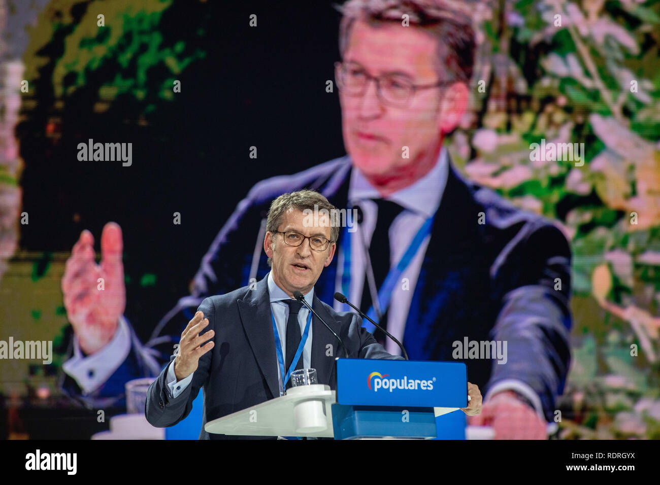 Alberto Núñez Feijóo, president of the Community of Galicia seen speaking during the event. The PP celebrates its national convention to establish the main lines of its electoral program for the three elections scheduled for May 26 and are key to gauge the leadership of the popular president, Pablo Casado. Stock Photo