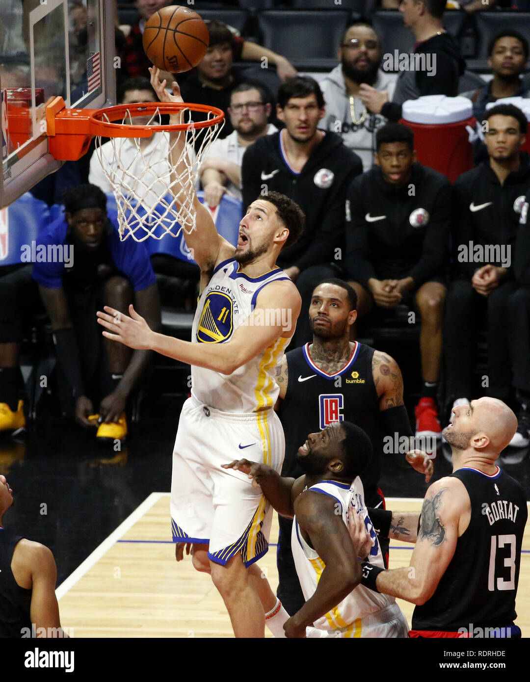 Los Angeles, California, USA. 17th Jan, 2019. Golden State Warriors' Klay Thompson (11) goes to basket during an NBA basketball game between Los Angeles Clippers and Golden State Warriors Friday, Jan. 18, 2019, in Los Angeles. Credit: Ringo Chiu/ZUMA Wire/Alamy Live News Stock Photo