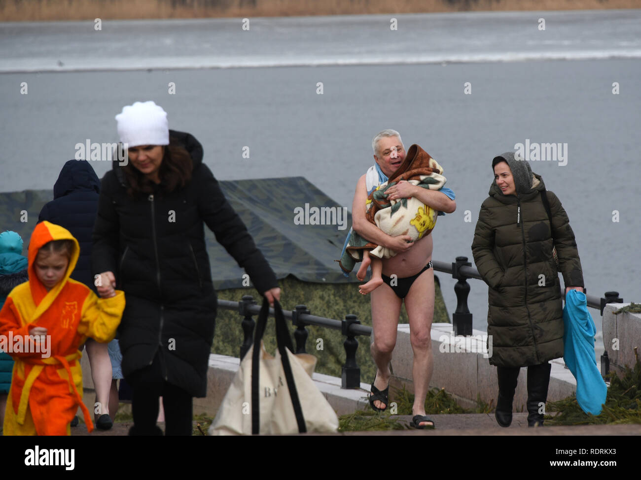 Astrakhan, Russia. 19th January, 2019. Orthodox Cristians are bathing on Epiphany in the river Volga in Astrakhan, Russia Credit: Maxim Korotchenko/Alamy Live News Stock Photo